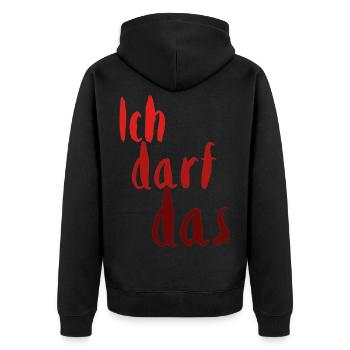 Ich darf das rot1 - Unisex Premium Bio Zip Hoodie - Schwarz - Hinten - Nico (187cm)