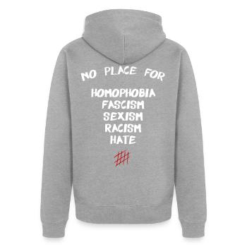 No Place For Homophobia fascism sexism racism hate - Unisex Premium Bio Zip Hoodie - Grau meliert - Hinten - Nico (187cm)