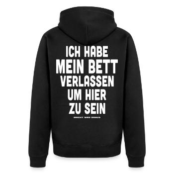 Lustiger Spruch über schlafen und das Bett - Unisex Premium Bio Zip Hoodie - Schwarz - Hinten - Nico (187cm)