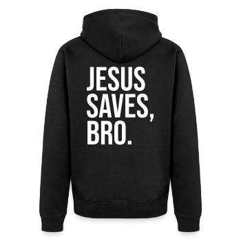 Jesus Saves Bro - Unisex Premium Bio Zip Hoodie - Schwarz - Hinten - Nico (187cm)