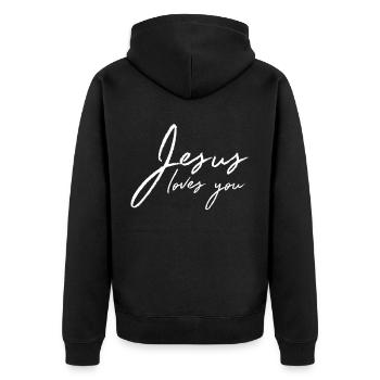 Jesus loves you - Unisex Premium Bio Zip Hoodie - Schwarz - Hinten - Nico (187cm)