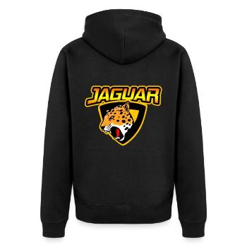 Jaguar Wappen - Unisex Premium Bio Zip Hoodie - Schwarz - Hinten - Nico (187cm)