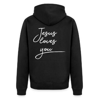 Jesus loves you - Unisex Premium Bio Zip Hoodie - Schwarz - Hinten - Nico (187cm)