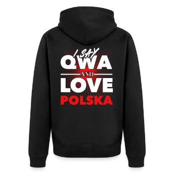 Kurwa oder QWA - Ich liebe Polen - Unisex Premium Bio Zip Hoodie - Schwarz - Hinten - Nico (187cm)