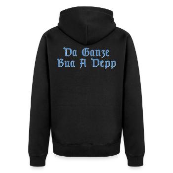 Bayern bayrisch Dialekt lustiger Spruch Geschenk - Unisex Premium Bio Zip Hoodie - Schwarz - Hinten - Nico (187cm)