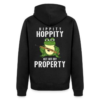 Hippity Hoppity get off my property, Frosch Waffe - Unisex Premium Bio Zip Hoodie - Schwarz - Hinten - Nico (187cm)