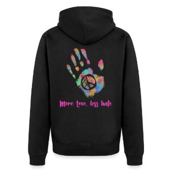 Mehr Liebe Weniger Hass Hippie - Unisex Premium Bio Zip Hoodie - Schwarz - Hinten - Nico (187cm)