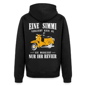 Schwalbe, Eine Simmi leckt nicht,Markiert Revier - Unisex Premium Bio Zip Hoodie - Schwarz - Hinten - Nico (187cm)