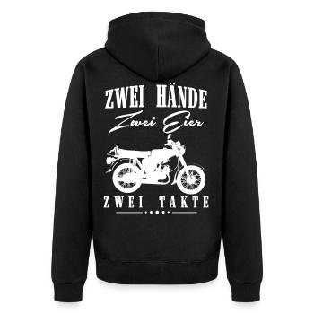 Zwei Hände Zwei Eier Zwei Takte, Simson DDR Moped - Unisex Premium Bio Zip Hoodie - Schwarz - Hinten - Nico (187cm)