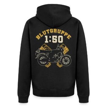 Blutgruppe 1:50 S51,Benzin,Ostalgie, Simson DDR - Unisex Premium Bio Zip Hoodie - Schwarz - Hinten - Nico (187cm)