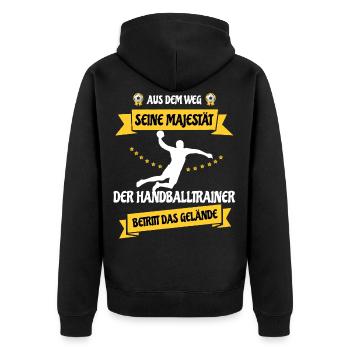Weg da ,der Handballtrainer betritt das Gelände - Unisex Premium Bio Zip Hoodie - Schwarz - Hinten - Nico (187cm)