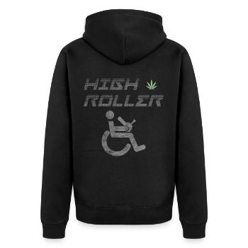 High Roller Rollstuhl Sprüche Selbstbewusst - Unisex Premium Bio Zip Hoodie - Schwarz - Hinten - Nico (187cm)