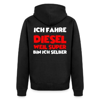 Ich fahre Diesel, weil super bin ich selber - Unisex Premium Bio Zip Hoodie - Schwarz - Hinten - Nico (187cm)