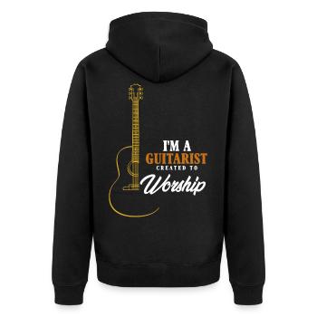 I am a guitarist created to worship,Gitarre Christ - Unisex Premium Bio Zip Hoodie - Schwarz - Hinten - Nico (187cm)