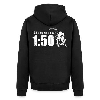Blood group 1:50 Ostalgie moped motorcycle DDR Simmi - Unisex Premium Organic Zip Hoodie - black - Back - Nico (187cm)