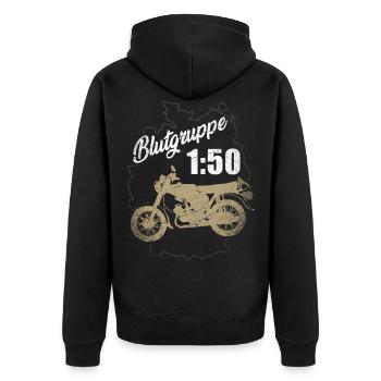 Blood type 1:50 petrol piston moped Simson East - Unisex Premium Organic Zip Hoodie - black - Back - Nico (187cm)