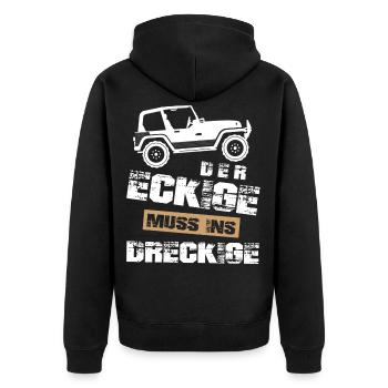 Geländewagen, der Eckige muss ins dreckige,Offroad - Unisex Premium Bio Zip Hoodie - Schwarz - Hinten - Nico (187cm)