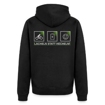 e bike , lächeln statt hecheln, mtb, mountainbike - Unisex Premium Bio Zip Hoodie - Schwarz - Hinten - Nico (187cm)