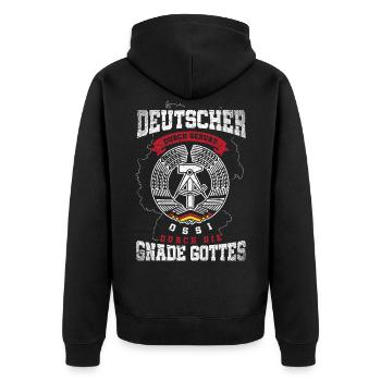 Deutscher durch Geburt,Ossi durch die Gnade Gottes - Unisex Premium Bio Zip Hoodie - Schwarz - Hinten - Nico (187cm)