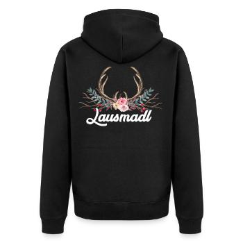 Lausmadl,Geweih Hirsch Bayern,Bayrisch Dialekt - Unisex Premium Bio Zip Hoodie - Schwarz - Hinten - Nico (187cm)