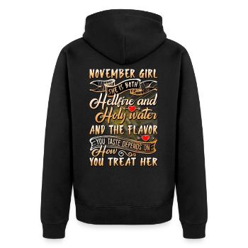November Girl The Flavor You Taste Depends On - Unisex Premium Bio Zip Hoodie - Schwarz - Hinten - Nico (187cm)