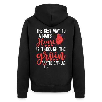 Best Way To A Man's Heart Is Through The Groin - Unisex Premium Bio Zip Hoodie - Schwarz - Hinten - Nico (187cm)