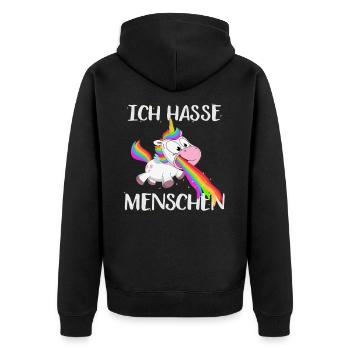 Ich hasse Menschen kotzendes Einhorn Geschenk - Unisex Premium Bio Zip Hoodie - Schwarz - Hinten - Nico (187cm)