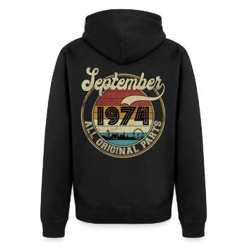 September 1974 All Original Parts Vintage Sunset - Unisex Premium Bio Zip Hoodie - Schwarz - Hinten - Nico (187cm)