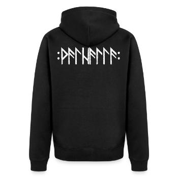 Valhalla in Runen - Unisex Premium Bio Zip Hoodie - Schwarz - Hinten - Nico (187cm)