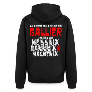 Gallier, Umgeben von Weiss, Kann & Macht Nix, Funn - Unisex Premium Bio Zip Hoodie - Schwarz - Hinten - Nico (187cm)