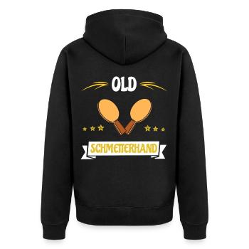 Tischtennis Geschenk, Old Schmetterhand - Unisex Premium Bio Zip Hoodie - Schwarz - Hinten - Nico (187cm)