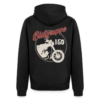 Blutgruppe 1:50 Ostalgie Moped Motorrad DDR Simmi - Unisex Premium Bio Zip Hoodie - Schwarz - Hinten - Nico (187cm)