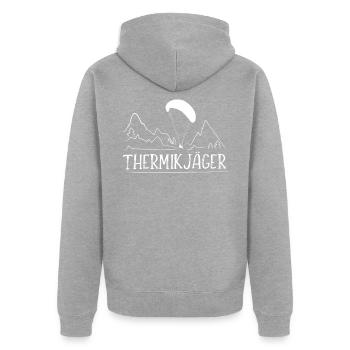 Geschenk für Gleitschirmflieger - Thermik Jäger - Unisex Premium Bio Zip Hoodie - Grau meliert - Hinten - Nico (187cm)