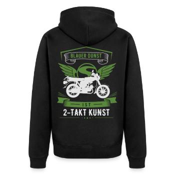 Blauer Dunst ist 2 Takt Kunst, Moped S51, Ost Mofa - Unisex Premium Bio Zip Hoodie - Schwarz - Hinten - Nico (187cm)