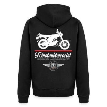 Feinstaubterrorist, DDr Moped, Simmi S51, 2 Takter - Unisex Premium Bio Zip Hoodie - Schwarz - Hinten - Nico (187cm)