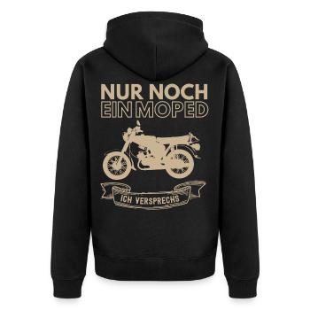 Simson S51 Geschenkidee ,DDR Moped 2 Takter Spruch - Unisex Premium Bio Zip Hoodie - Schwarz - Hinten - Nico (187cm)