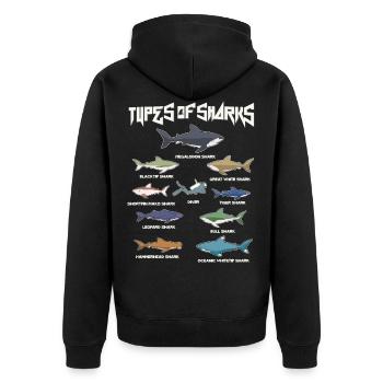 Types of sharks, Megaldon, Black Tip, Tiger Shark - Unisex Premium Organic Zip Hoodie - black - Back - Nico (187cm)
