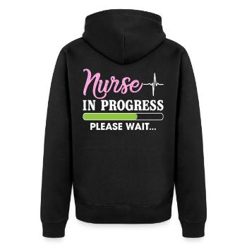 Nurse In Progress Please Wait Funny T Shirt - Unisex Premium Bio Zip Hoodie - Schwarz - Hinten - Nico (187cm)