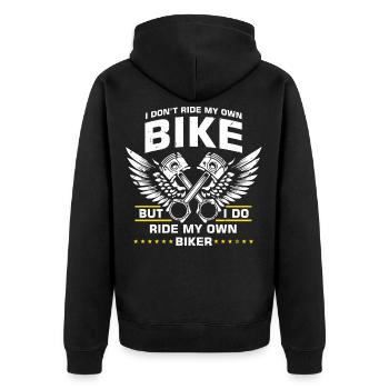 Bikerin Motorradfahrerin Ride my Own Biker Spruch - Unisex Premium Bio Zip Hoodie - Schwarz - Hinten - Nico (187cm)