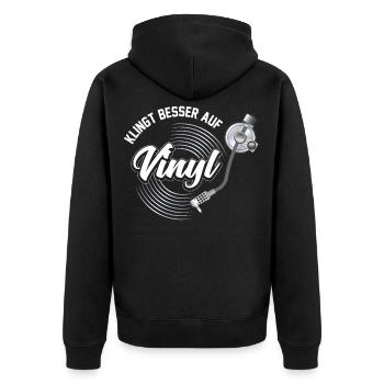 Klingt Besser auf Vinyl Audiophil DJ Geschenk - Unisex Premium Bio Zip Hoodie - Schwarz - Hinten - Nico (187cm)