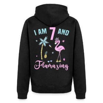 I am 7 and Flamazing, Flamingo 7 years birthday - Unisex Premium Organic Zip Hoodie - black - Back - Nico (187cm)