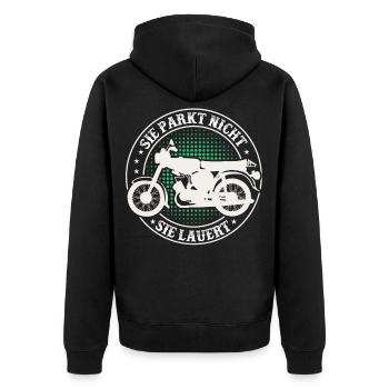 Simson, Simmi S51, Moped Geschenkidee Ossi 50ccm - Unisex Premium Bio Zip Hoodie - Schwarz - Hinten - Nico (187cm)