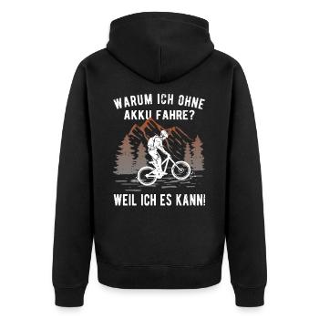 Fahrrad MTB fahren ohne Akku - Real Downhill - Unisex Premium Bio Zip Hoodie - Schwarz - Hinten - Nico (187cm)