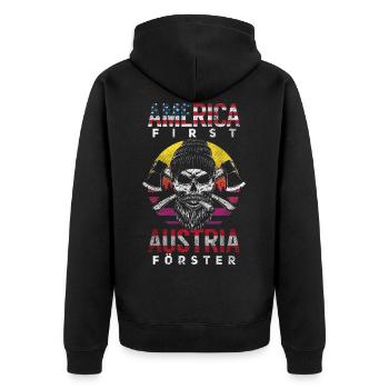America First Austria Forester Österreichisches Geschenk - Unisex Premium Bio Zip Hoodie - Schwarz - Hinten - Nico (187cm)