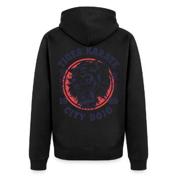 Karate vintage retro Design Stadt Dojo Tiger - Unisex Premium Bio Zip Hoodie - Schwarz - Hinten - Nico (187cm)