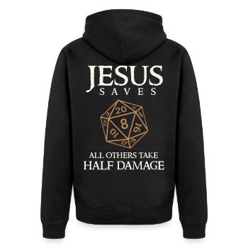 Role Play Jesus Saves, Rollenspiel Würfel - Unisex Premium Bio Zip Hoodie - Schwarz - Hinten - Nico (187cm)
