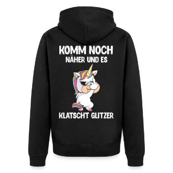 Einhorn Spruch Komm Näher und es klatscht Glitzer - Unisex Premium Bio Zip Hoodie - Schwarz - Hinten - Nico (187cm)