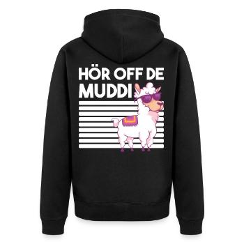 DDR Lama Alpaka Sprüche Geschenk - Unisex Premium Bio Zip Hoodie - Schwarz - Hinten - Nico (187cm)