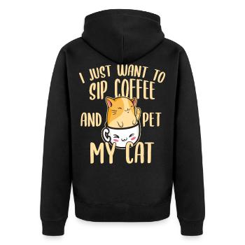 Lustiger Kaffee und Katze, die Koffein-Liebhaber - Unisex Premium Bio Zip Hoodie - Schwarz - Hinten - Nico (187cm)