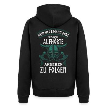 Wikinger, Altnordische Zitate, Odin, Walhalla - Unisex Premium Bio Zip Hoodie - Schwarz - Hinten - Nico (187cm)